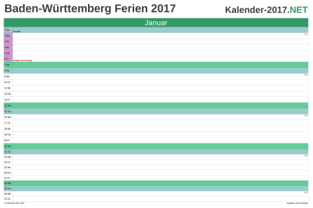 Monatskalender mit Ferien Baden-Württemberg 2017 Vorschau