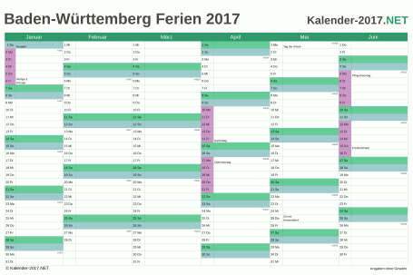 Halbjahreskalender mit Ferien Baden-Württemberg 2017 Vorschau