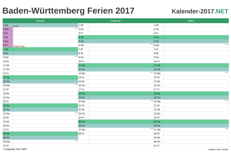 Vorschau EXCEL-Quartalskalender 2017 mit den Ferien Baden-Württemberg