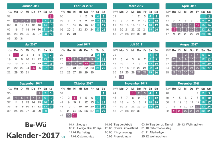 Ferien 2017 + Feiertage zum Ausdrucken - Baden-Württemberg Vorschau