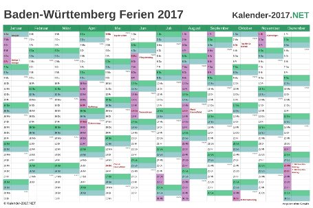 Kalender mit Ferien Baden-Württemberg 2017 Vorschau