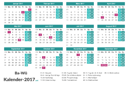 Baden-Württemberg Kalender 2017 + Feiertage Vorschau