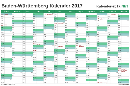 Vorschau Kalender 2017 für EXCEL mit Feiertagen Baden-Württemberg