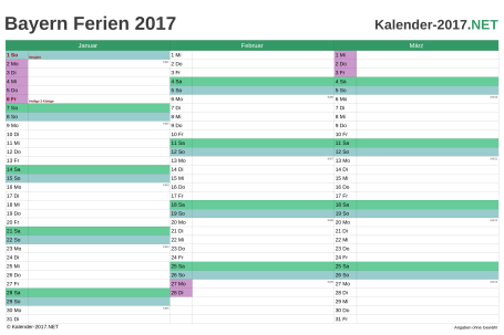 Vorschau EXCEL-Quartalskalender 2017 mit den Ferien Bayern