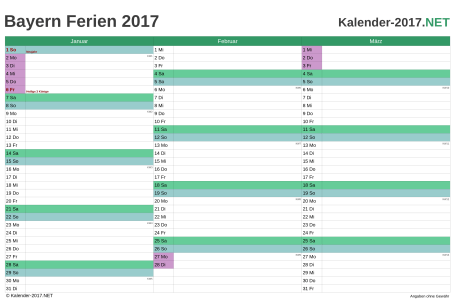 Quartalskalender 2017 zum Ausdrucken zum Ausdrucken - mit FerienBayern Vorschau