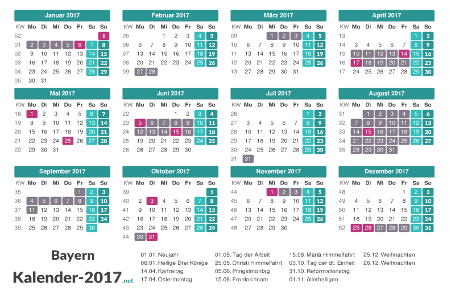 Kalender mit Ferien Bayern 2017 Vorschau