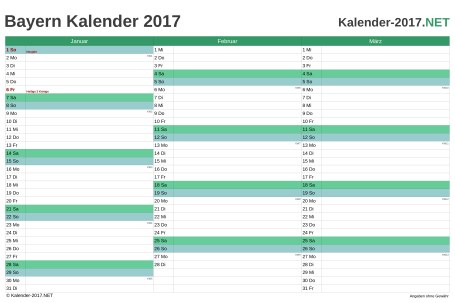 Vorschau Quartalskalender 2017 für EXCEL Bayern