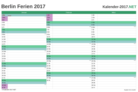 Quartalskalender mit Ferien Berlin 2017 Vorschau