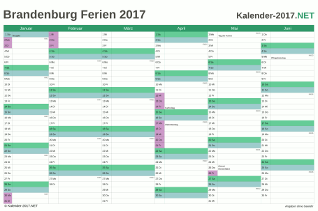 Vorschau EXCEL-Halbjahreskalender 2017 mit den Ferien Brandenburg