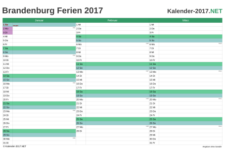 Quartalskalender mit Ferien Brandenburg 2017 Vorschau