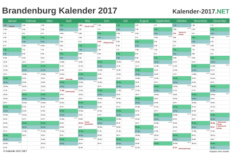 Vorschau Kalender 2017 für EXCEL mit Feiertagen Brandenburg