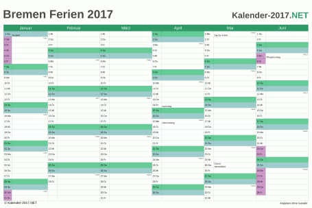 Vorschau EXCEL-Halbjahreskalender 2017 mit den Ferien Bremen