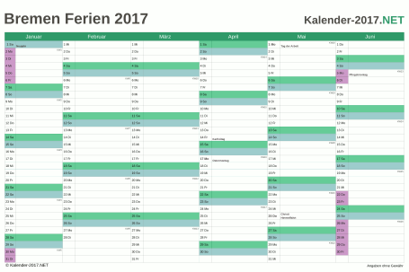 Halbjahreskalender 2017 zum Ausdrucken zum Ausdrucken - mit FerienBremen Vorschau