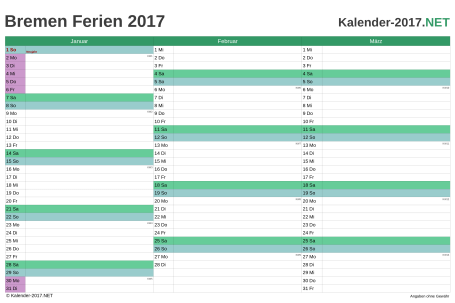 Vorschau EXCEL-Quartalskalender 2017 mit den Ferien Bremen