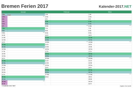 Quartalskalender 2017 zum Ausdrucken zum Ausdrucken - mit FerienBremen Vorschau