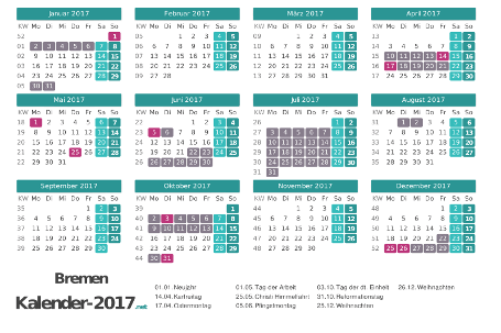 Ferien 2017 + Feiertage zum Ausdrucken - Bremen Vorschau