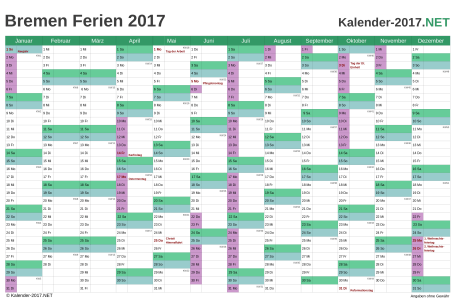 Vorschau EXCEL-Kalender 2017 mit den Ferien Bremen
