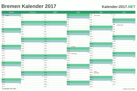 Vorschau Halbjahreskalender 2017 für EXCEL Bremen