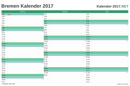 Vorschau Quartalskalender 2017 für EXCEL Bremen