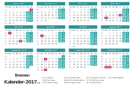 Bremen Kalender 2017 + Feiertage Vorschau