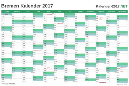 Vorschau Kalender 2017 für EXCEL mit Feiertagen Bremen