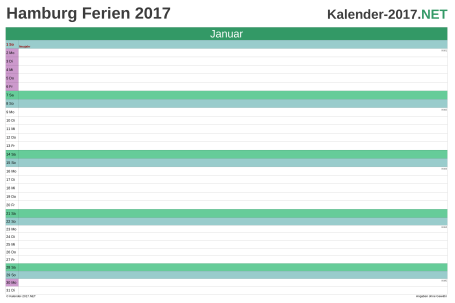 Monatskalender 2017 zum Ausdrucken zum Ausdrucken - mit FerienHamburg Vorschau