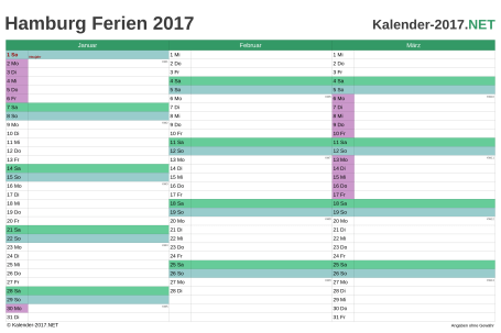 Quartalskalender mit Ferien Hamburg 2017 Vorschau