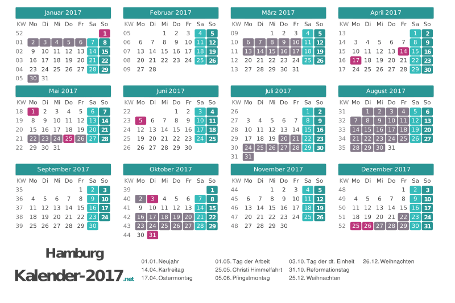 Kalender mit Ferien Hamburg 2017 Vorschau