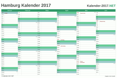 Vorschau Halbjahreskalender 2017 für EXCEL Hamburg