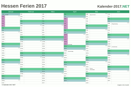 Halbjahreskalender mit Ferien Hessen 2017 Vorschau