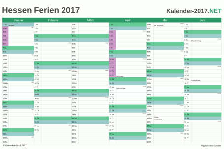 Halbjahreskalender 2017 zum Ausdrucken zum Ausdrucken - mit FerienHessen Vorschau