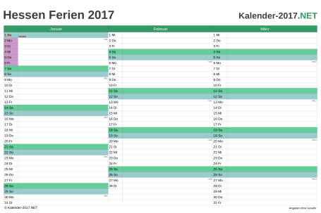 Vorschau EXCEL-Quartalskalender 2017 mit den Ferien Hessen