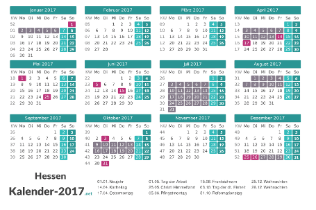 Ferien 2017 + Feiertage zum Ausdrucken - Hessen Vorschau