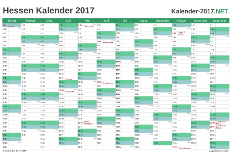 Vorschau Kalender 2017 für EXCEL mit Feiertagen Hessen