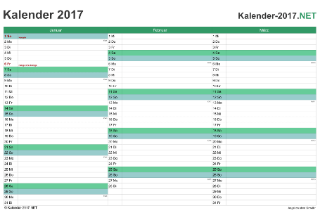 Vorschau Quartalskalender 2017 für EXCEL Deutschland