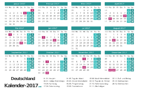 Kalender 2017 mit Feiertagen Vorschau