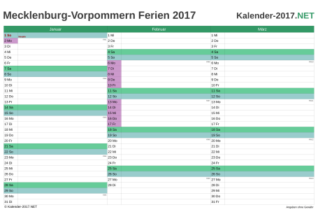 Quartalskalender mit Ferien Meck-Pomm 2017 Vorschau