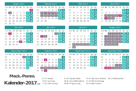 Kalender mit Ferien Meck-Pomm 2017 Vorschau