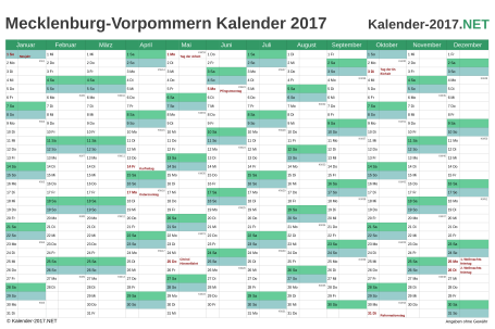 Vorschau Kalender 2017 für EXCEL mit Feiertagen Meck-Pomm