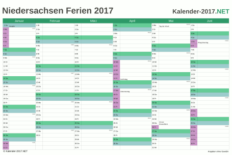 Halbjahreskalender mit Ferien Niedersachsen 2017 Vorschau