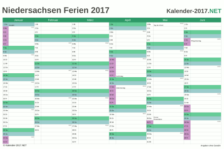 Halbjahreskalender 2017 zum Ausdrucken zum Ausdrucken - mit FerienNiedersachsen Vorschau