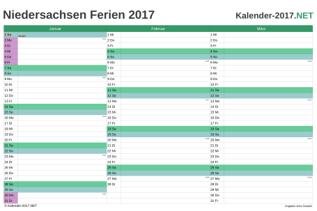 Quartalskalender mit Ferien Niedersachsen 2017 Vorschau