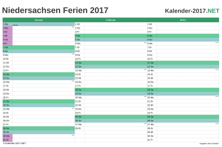 Quartalskalender 2017 zum Ausdrucken zum Ausdrucken - mit FerienNiedersachsen Vorschau