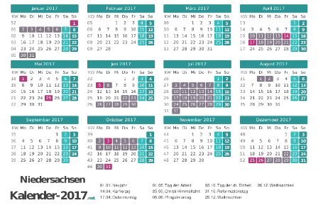 Kalender mit Ferien Niedersachsen 2017 Vorschau