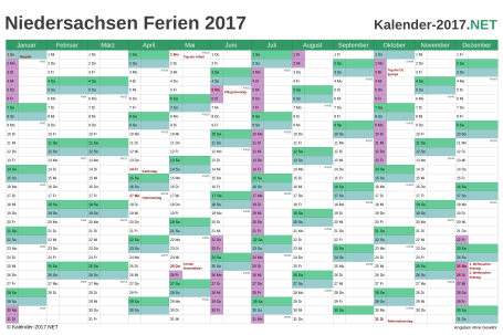 Kalender mit Ferien Niedersachsen 2017 Vorschau