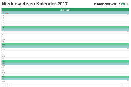 Vorschau Monatskalender 2017 für EXCEL Niedersachsen