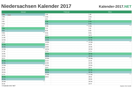 Vorschau Quartalskalender 2017 für EXCEL Niedersachsen