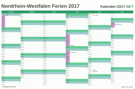 Halbjahreskalender 2017 zum Ausdrucken zum Ausdrucken - mit FerienNordrhein-Westfalen Vorschau