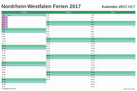 Vorschau EXCEL-Quartalskalender 2017 mit den Ferien Nordrhein-Westfalen