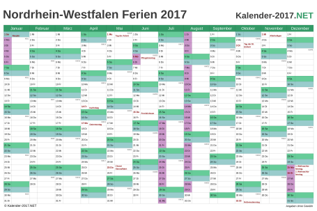 Vorschau EXCEL-Kalender 2017 mit den Ferien Nordrhein-Westfalen